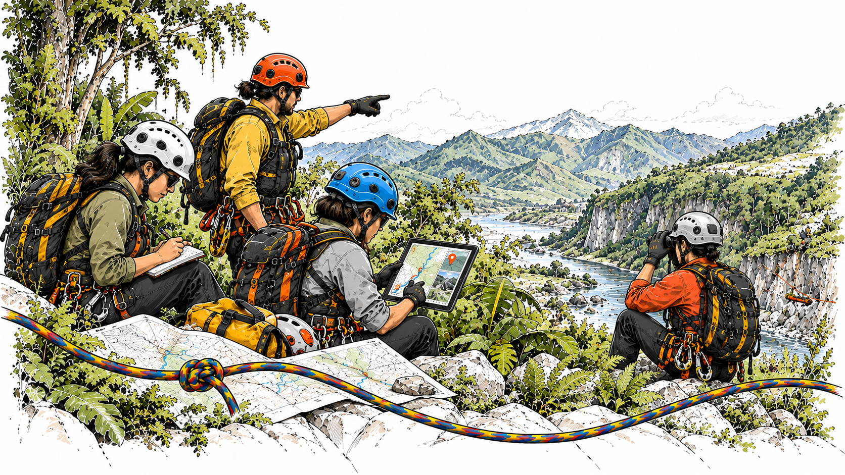 Equipo de rescate analizando el valle